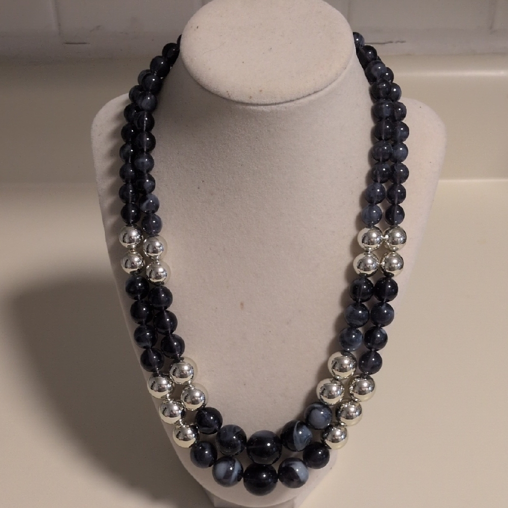 Chic Blue and Silver Double-Strand Costume Necklace 18"